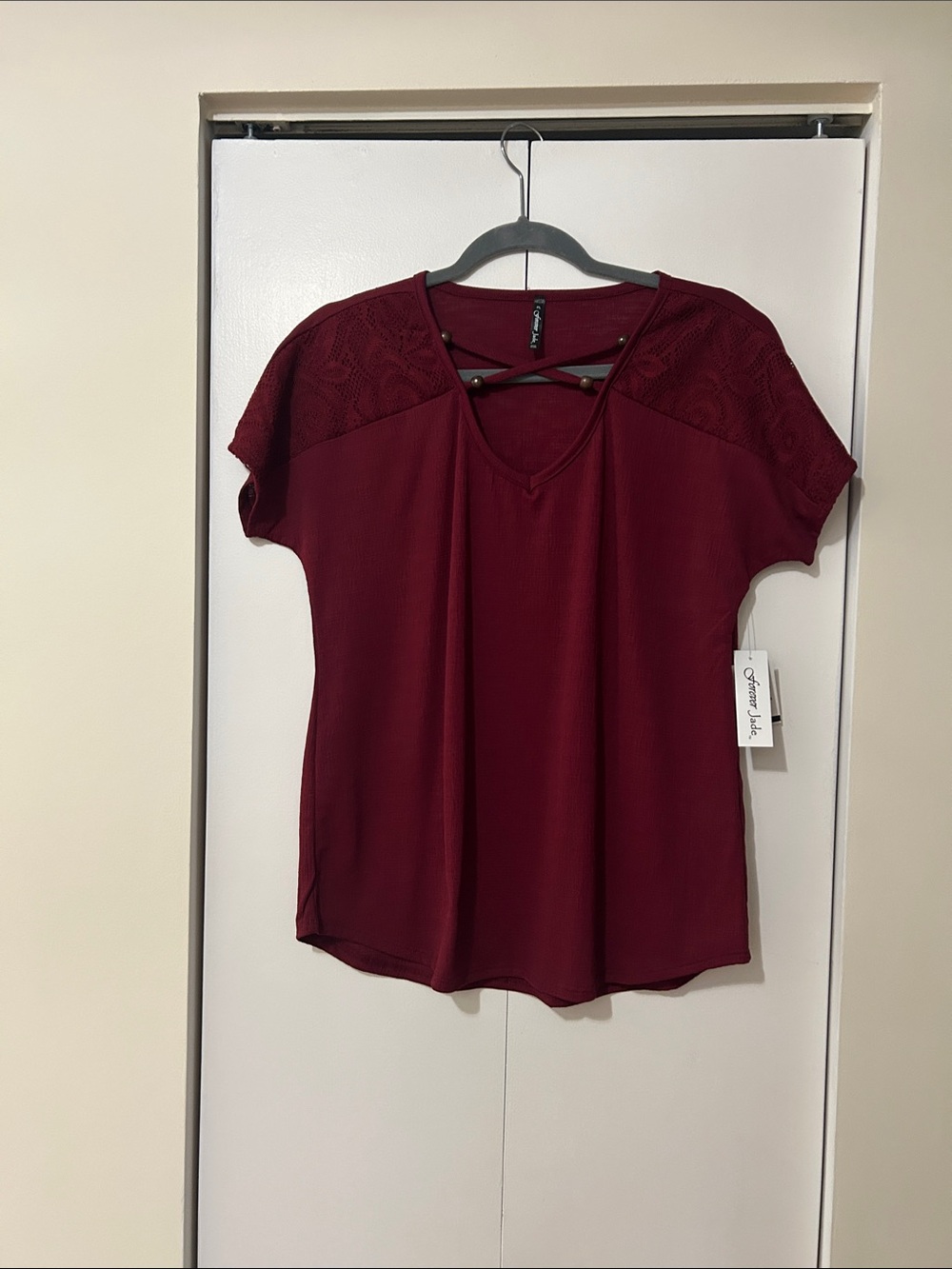 George Lace-Yoke Short Sleeve V-Neck Top in Burgundy
